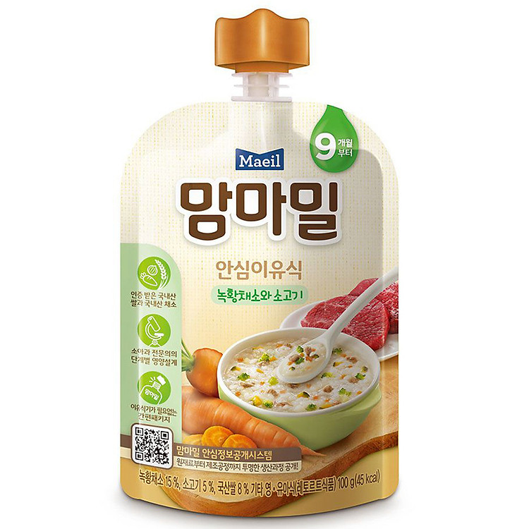 Cháo ăn dặm hữu cơ Mam'ma meal vị rau vàng, rau xanh và thịt bò 9M
