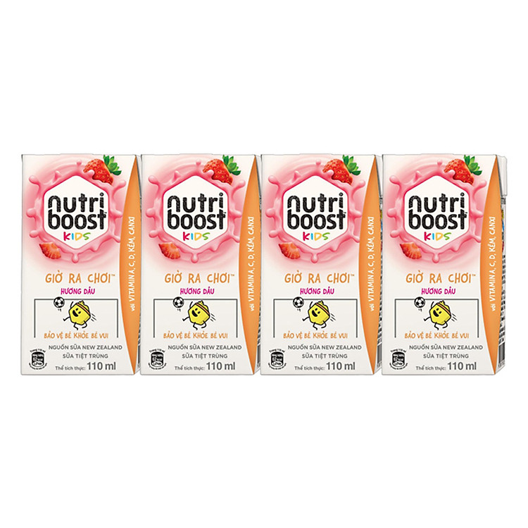 Lốc 4 Hộp Sữa tiệt trùng Nutriboost Kids Giờ Ra Chơi – Hương Dâu (110ml/Hộp)