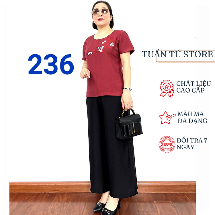 Bộ Đồ Trung Niên Phối Áo Đũi Thêu Hoa Với Quần Đũi Đen Cực Đẹp Phù Hợp Với Phụ Nữ Từ 55-70 Tuổi - Tuấn Tú Store 68