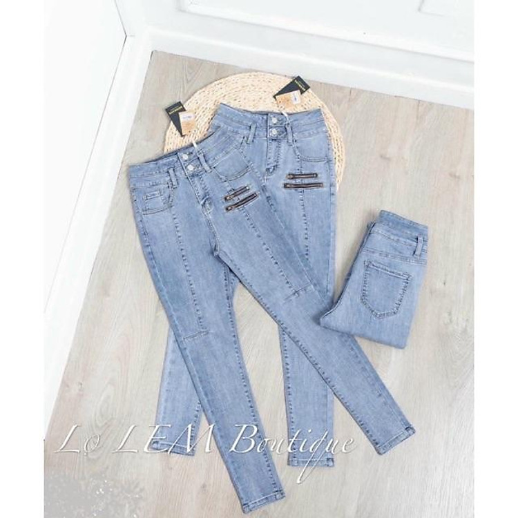 Quần jean dài giãn phối dây kéo mã D13, ảnh thật mẫu mặc