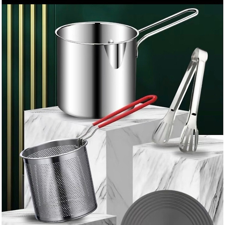 Bộ nồi chiên nhúng ngập dầu mini inox 304, gồm 3 chi tiết (nồi, rây lọc, kẹp gắp) thích hợp chiên khoai tây chiên, trụng bún, hủ tiếu.