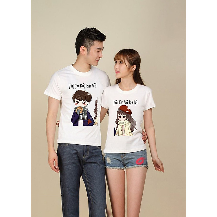 Bộ Áo Thun Đôi Anh sẽ đón em về Màu Trắng Nam Nữ