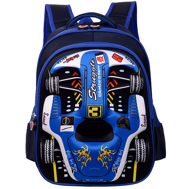 Balo hình xe đua màu xanh 3D cho bé trai mẫu giáo
