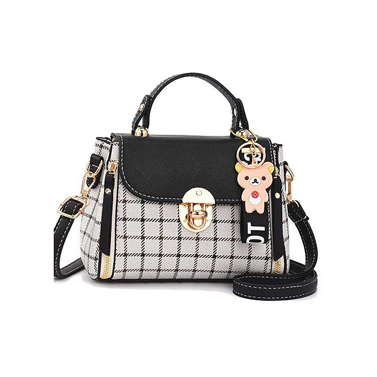 Túi xách nữ đeo chéo kẻ caro kèm gấu