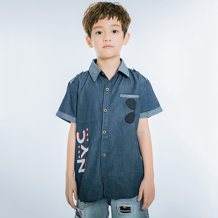 Áo Sơ Mi Jeans Tay Ngắn Bé Trai V.T.A.Kids 19012068 - Xanh Jean Đậm