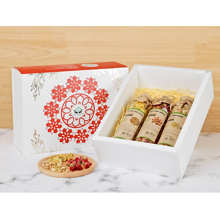 Hộp quà tặng trà hoa cao cấp - Set 5: Trà hoa nhài, Cúc vàng, Hoa hồng