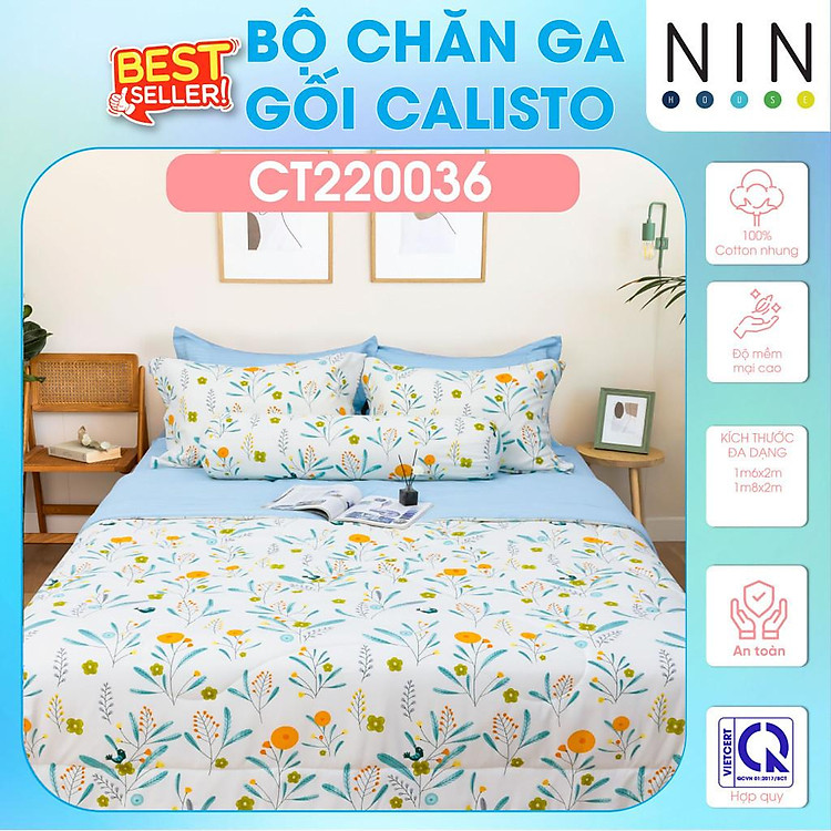 NEW ARRIVAL Bộ 5 món drap cotton, áo gối, mền chần NIN Calisto CT220036 1m6, 1m8 bọc nệm bo chun, cao cấp
