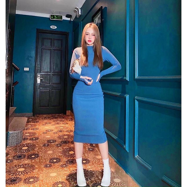 Váy Body Dài Tay Xỏ Ngón - Chất Len Tăm Cao Cổ Xẻ Sau Siêu Sang Tôn Dáng