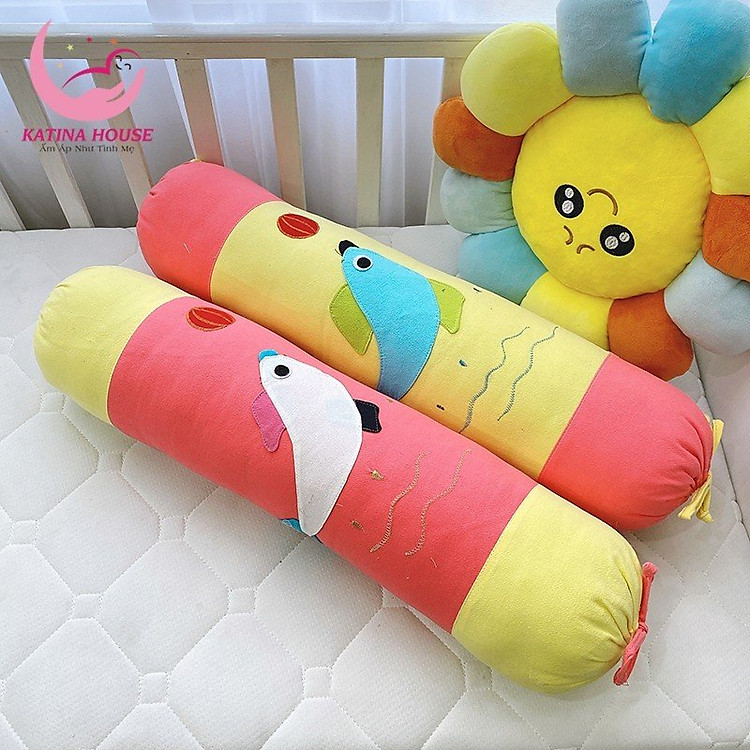 Gối ôm trẻ em dài 70cm Katina House, vải cotton cara mềm mại, thoáng mát, họa tiết đắp hình cá