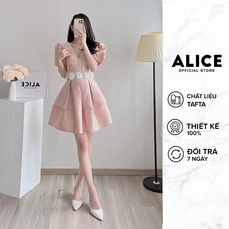 Váy Tiểu Thư Dáng Xòe ALICE Chất Liệu Tafta Cao Cấp Thiết Kế Tay Bồng Đính Hoa Cách Điều V795