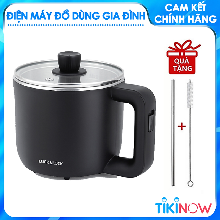 Nồi Điện Đa Năng Lock&Lock EJP116BLK 0.8 Lít Dùng Nấu Mì, Nấu Lẩu - Hàng Chính Hãng Tặng Kèm Khay Hấp Trứng Và Combo Ống Hút + Cọ Rửa