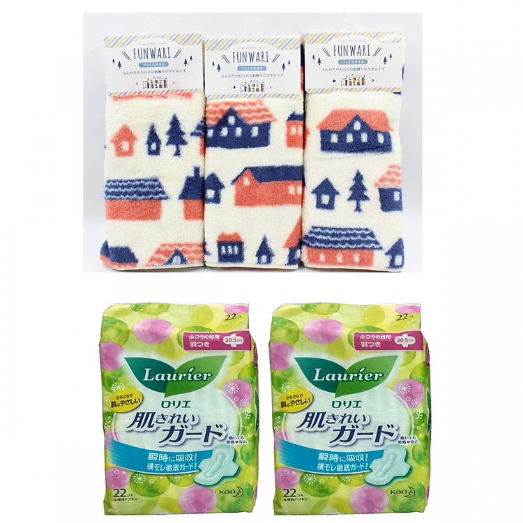 Combo Khăn mặt siêu mịn+ Set 2 gói băng vệ sinh ngày Laurier Kao có cánh ( 22 miếng/ gói )