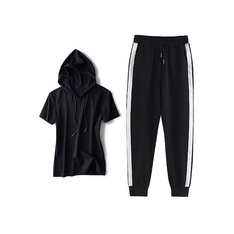 Bộ áo hoodie nữ cộc và quần jogger thun 1 sọc