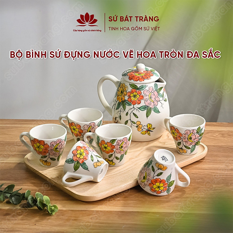 Bộ bình sứ đựng nước vẽ hoa tròn đa sắc