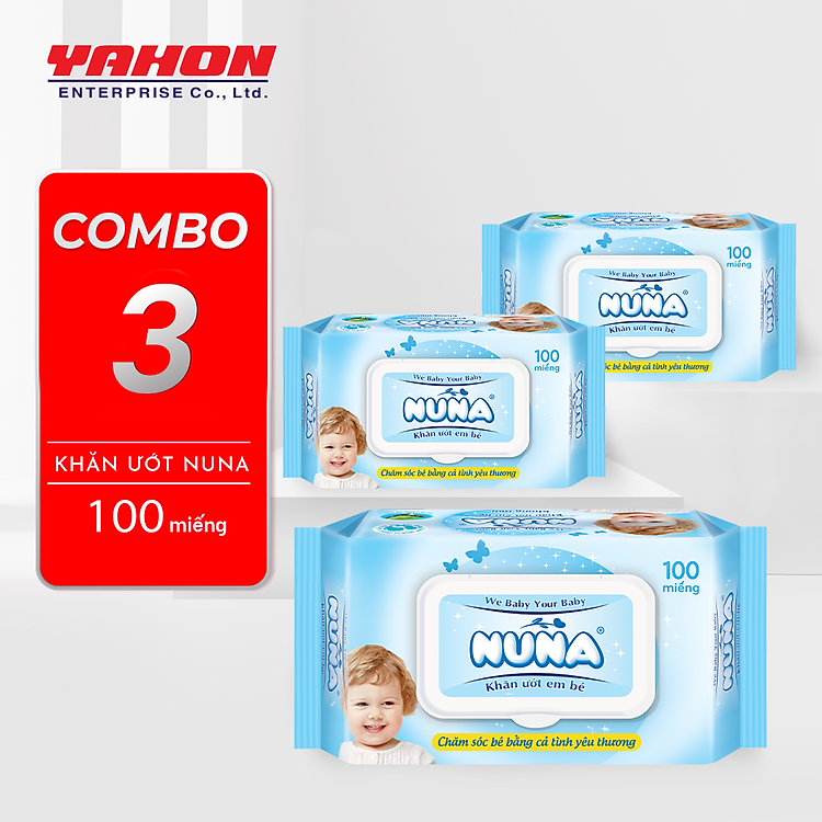 Combo 3 Bao Khăn Ướt Em Bé NUNA Không Mùi, 100 Miếng/Bao