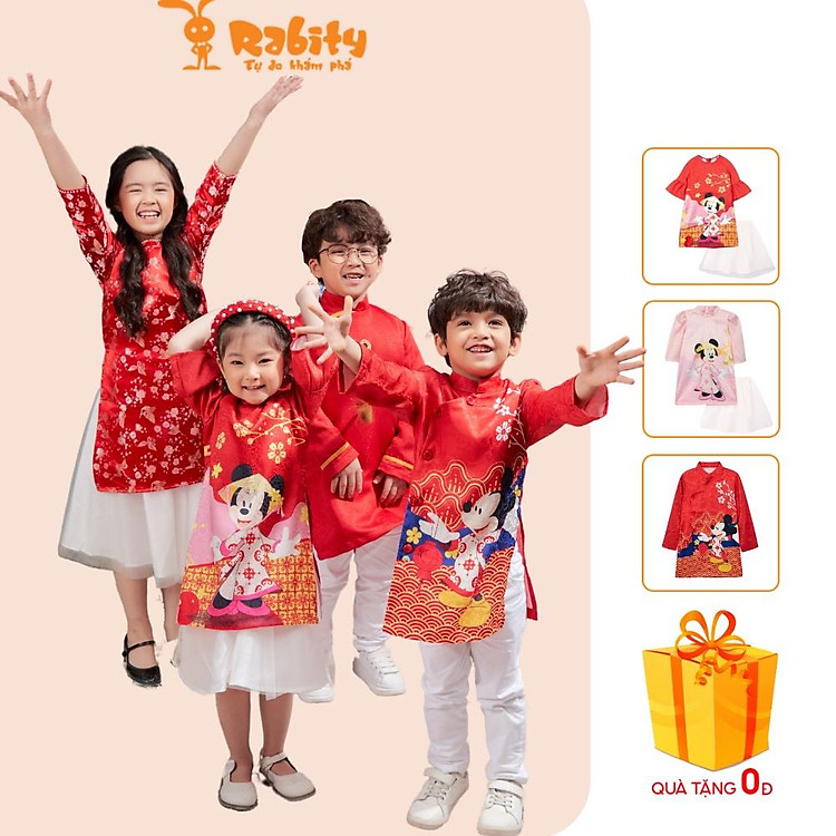 Áo dài bé gái/bé trai Disney họa tiết mickey và minnie mẫu mới mặc Tết Rabity 5569.5570 (áo dài bé gái có kèm váy)
