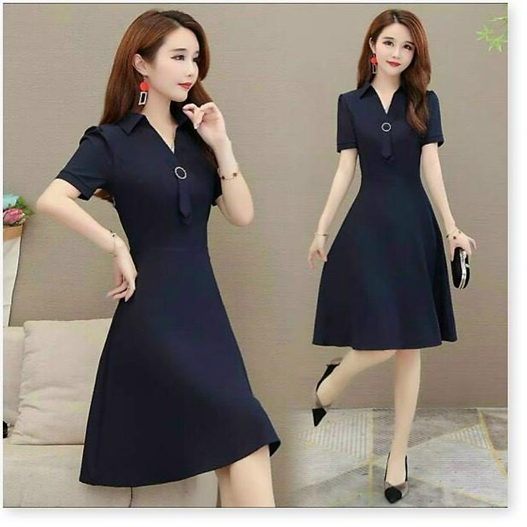 ĐẪM XÒE CỔ SƠ MI THANH LỊCH SIÊU SANG ĐỈNH CAO THỜI TRANG Đầm Xòe Công Sở Thanh Lịch Kiểu Đầm Xòe Cổ Đắp Chéo Phối Phụ Kiện Cột Eo