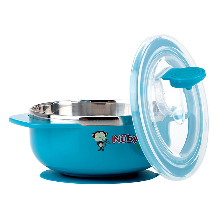 Bát Ăn Dặm Giữ Nhiệt Inox Đế Hút Chân Không Nuby 5572 - Xanh Dương
