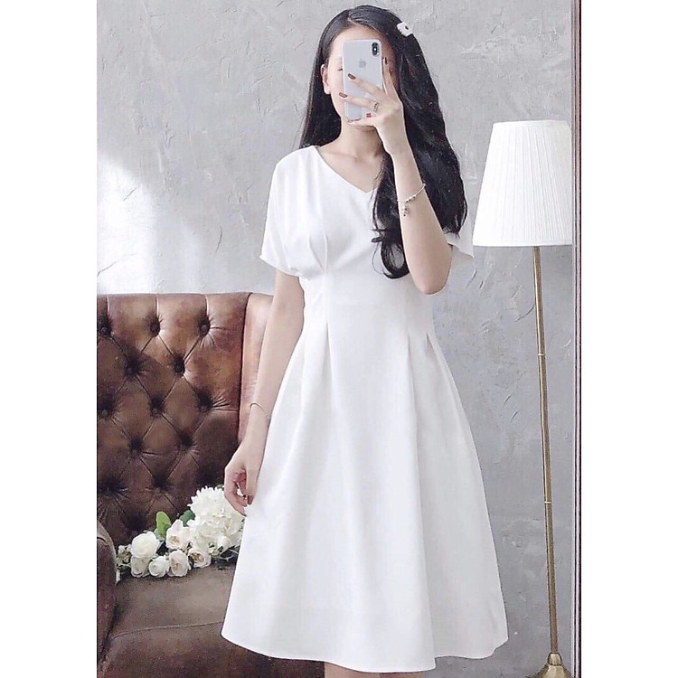 Đầm cổ V xếp li eo ML0020