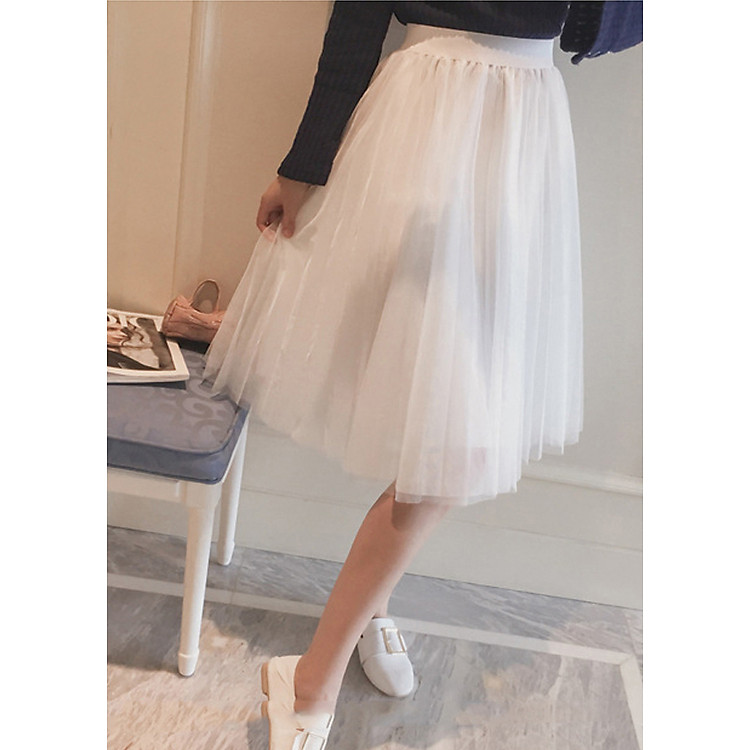 Chân váy midi tulle xòe tròn BERI trắng - CV007