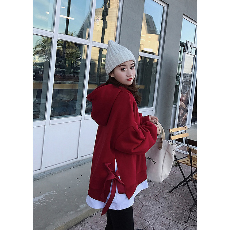 Áo Khoác Hoodie Nỉ Nữ Tay Dài Form Rộng Buộc Nơ Dây Sườn Mới 2019