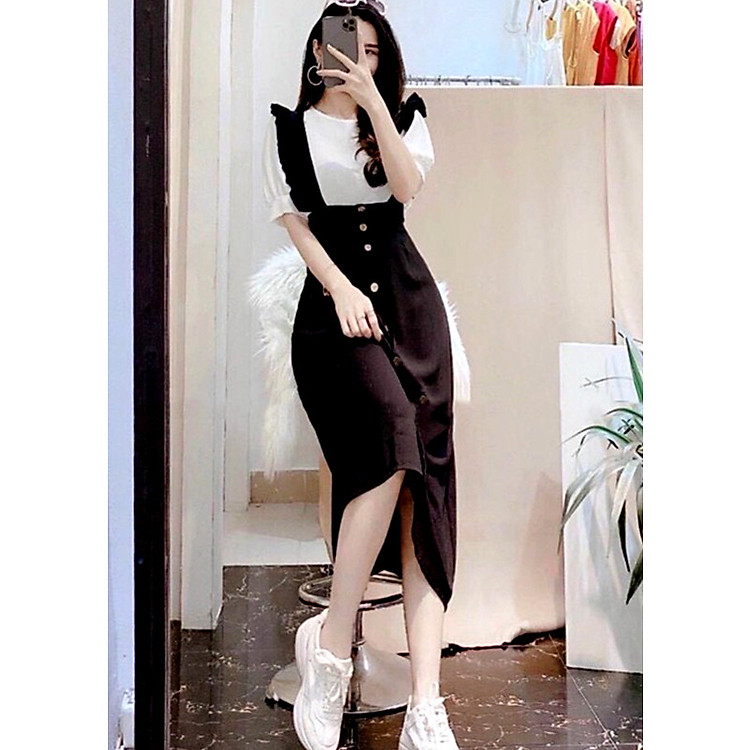 Set váy đầm yếm nữ, set yếm nữ 2 chi tiết áo tay phồng kết hợp váy yếm dáng dài-L032