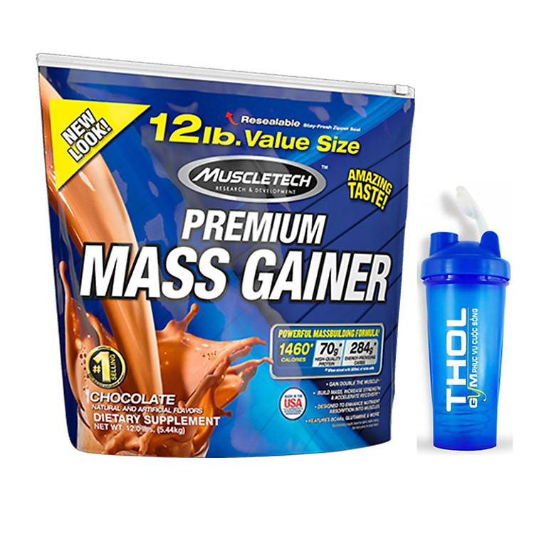 Combo Sữa tăng cân Premium Mass Gainer của Muscle Tech hương Chocolate bịch 5.4 kg & Bình lắc 600 ml (Màu Ngẫu Nhiên)