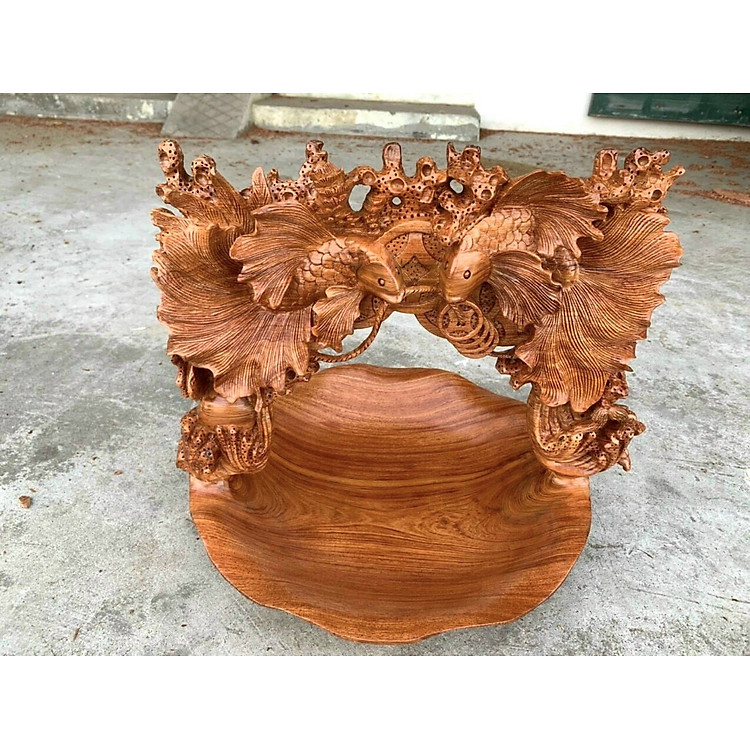Giỏ đựng hoa quả khắc cặp cá vàng bằng gỗ hương đá (35×43×37cm) - Ảnh 2