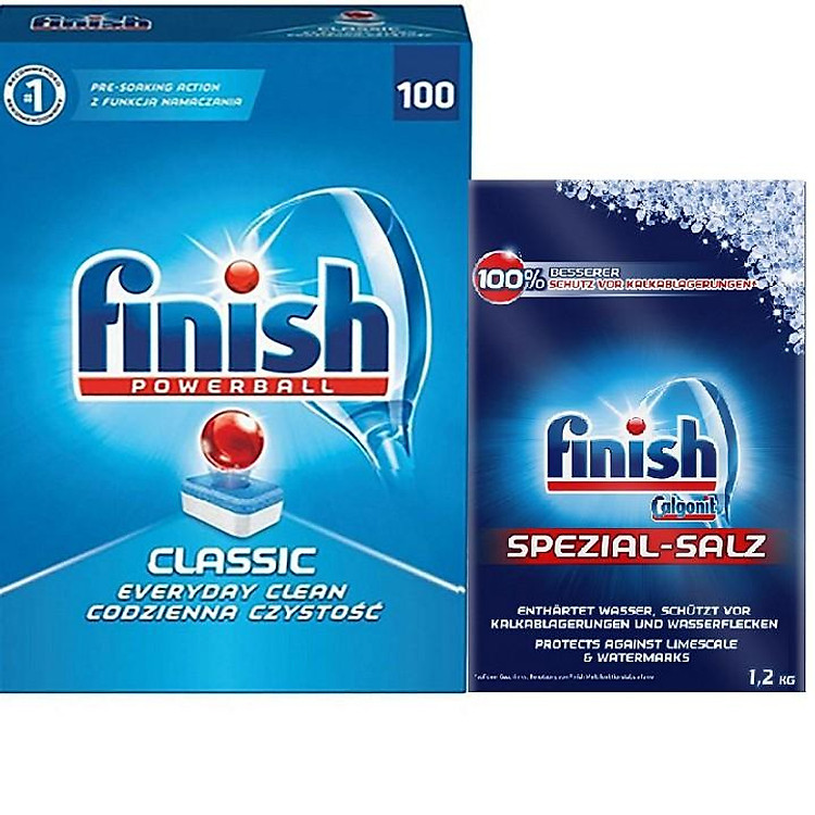 Bộ hộp100 viên rửa bát finish và hộp muối làm mềm nước 1,2 kg