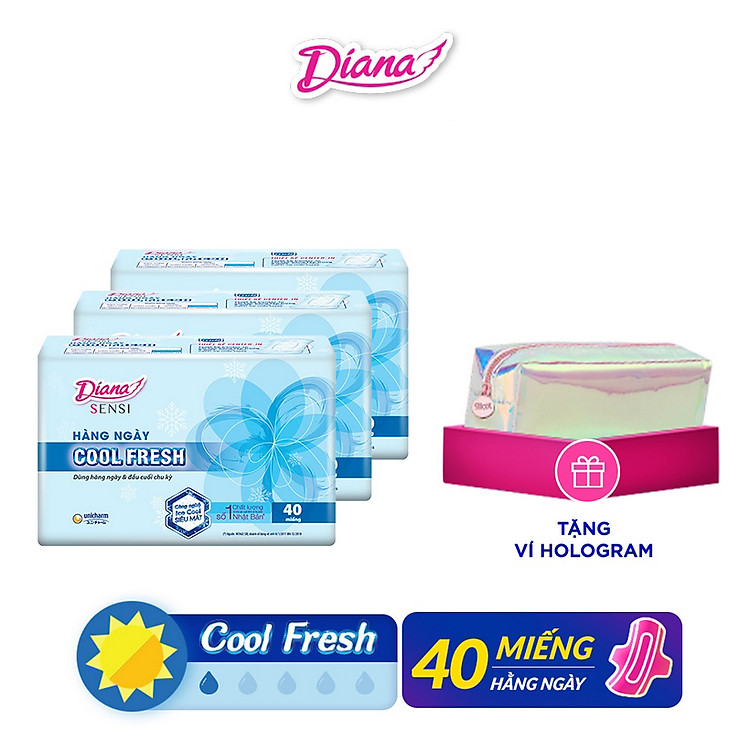 Bộ 3 Gói Băng Vệ Sinh Diana Hàng Ngày Sensi Cool Fresh (40 Miếng/Gói) Tặng Ví Hologram