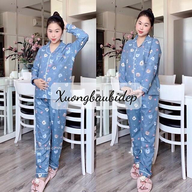 Bộ đồ bầu pizama cổ bẻ chất kate thái thiết kế khóa ngực cho bé ti BPJM930