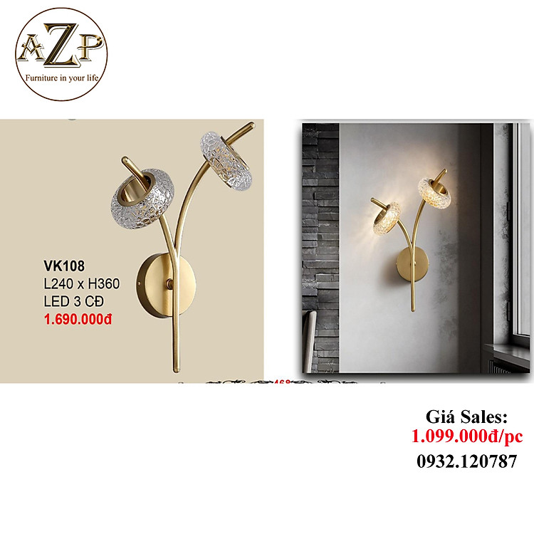 AZP - ĐÈN ỐP VÁCH / ĐÈN TRANG TRÍ / ĐÈN TREO TƯỜNG PHÒNG KHÁCH, PHÒNG NGỦ, NHÀ HÀNG, KHÁCH SẠN AZP-VK108 phong cách đương đại, hàng nhập khẩu AZP