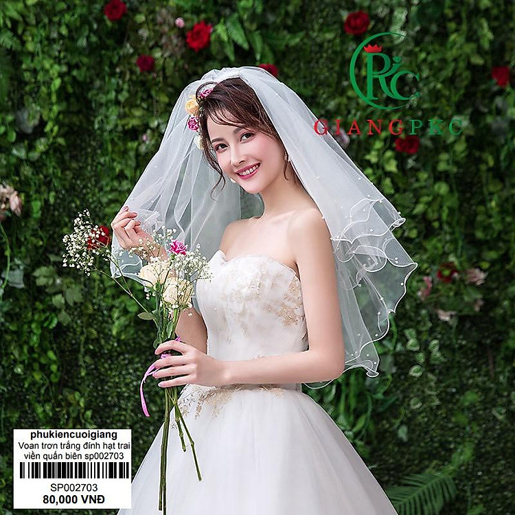 Voan trơn cài tóc cô dâu trắng đính hạt trai viền quấn biên sp002703 có sẵn lược cài