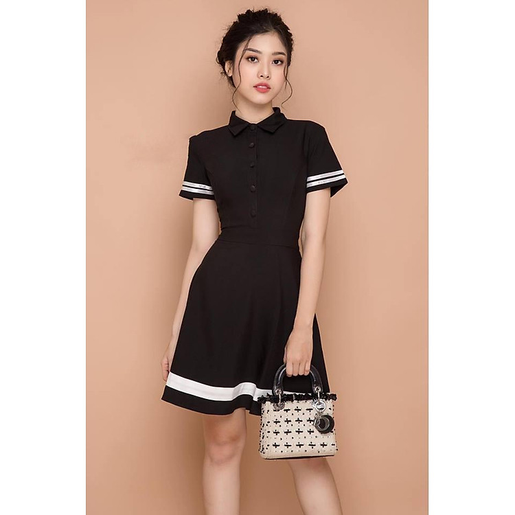 Đầm xòe cổ sơ mi phối viền - Đen