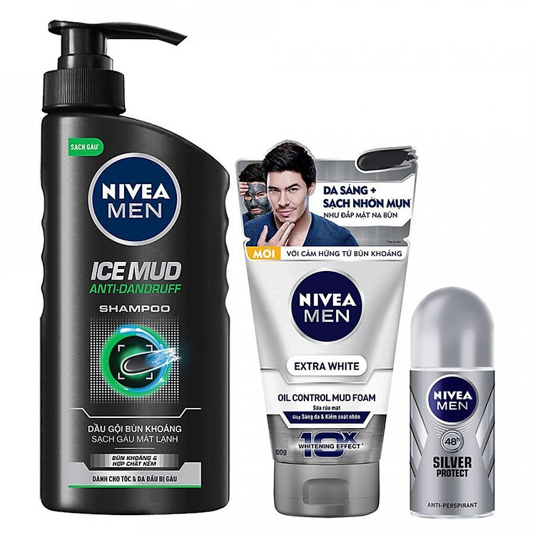 Combo Nivea Men: Dầu Gội Bùn Khoáng Ice Mud Anti Dandruf Shampoo 530ml + Sữa Rửa Mặt Bùn Khoáng Sáng Da Kiểm Soát Nhờn 100g + Lăn Khử Mùi Phân Tử Bạc 50ml (82770+81775+83778)