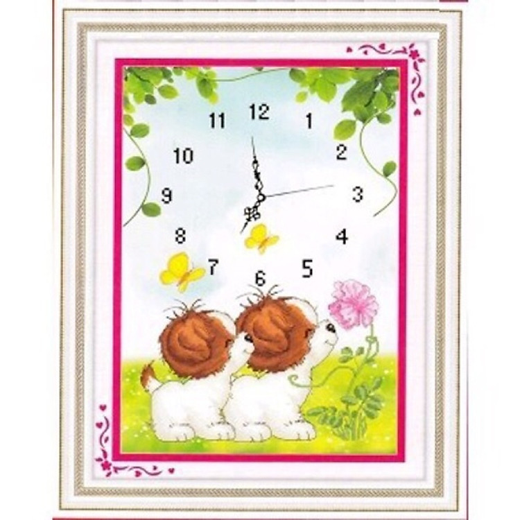 Tranh thêu chữ thập Đồng hồ_ Hai chú chó dễ thương (37*50cm) chưa thêu