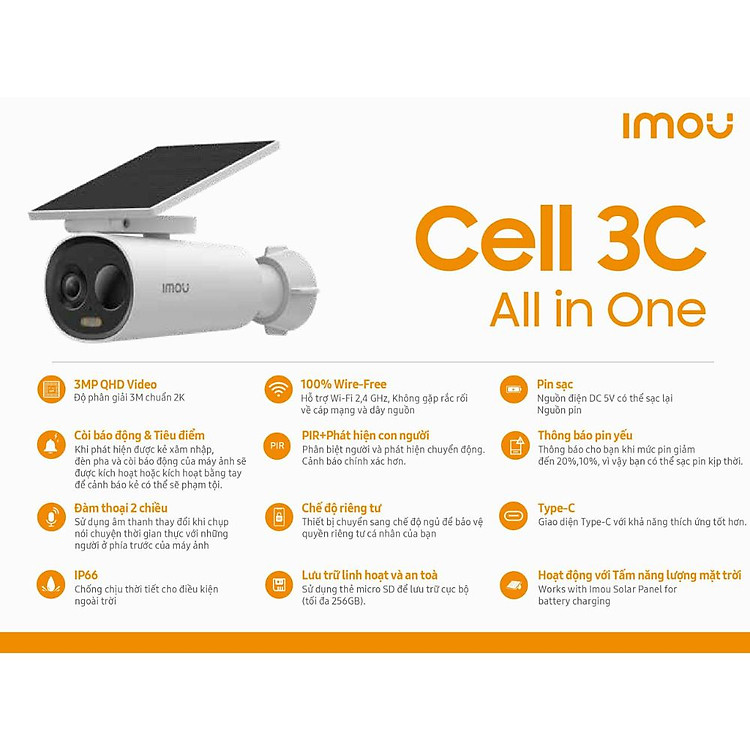 Camera WIFI Ngoài Trời IMOU Cell 3C K9DCP Dùng Pin Kèm Tấm Pin Năng Lượng Mặt Trời - TRANGIATELECOM Hàng chính hãƞg Hàng nhập khẩu - Hình ảnh 3