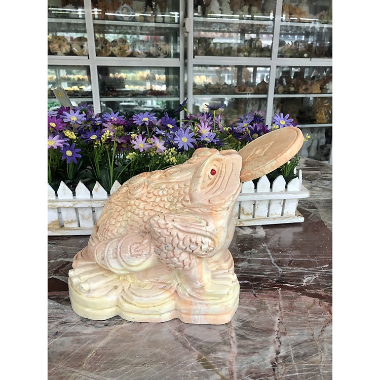 Tượng Cóc Ba Chân, Cóc Ngậm Tiền, Thiềm Thừ phong thủy chiêu tài lộc đá ngọc serpentine - Dài 15 cm