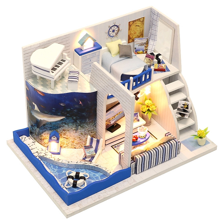 đồ chơi lắp ráp mô hình ngôi nhà búp bê có phòng ngủ trên hồ cá luyện kỹ năng tập trung cho bé yêu