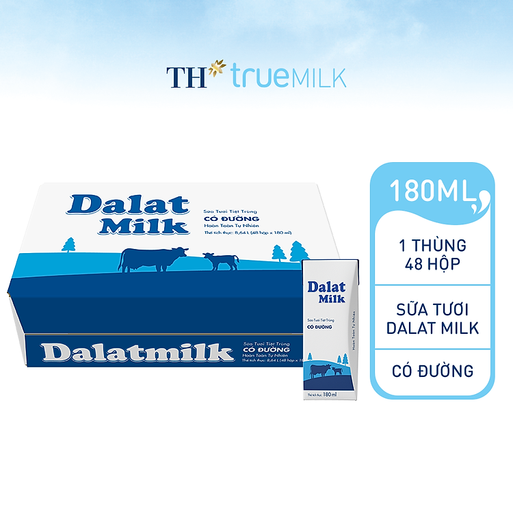 Thùng 48 hộp sữa tươi tiệt trùng Dalatmilk có đường 180 ml (180 ml x 48)