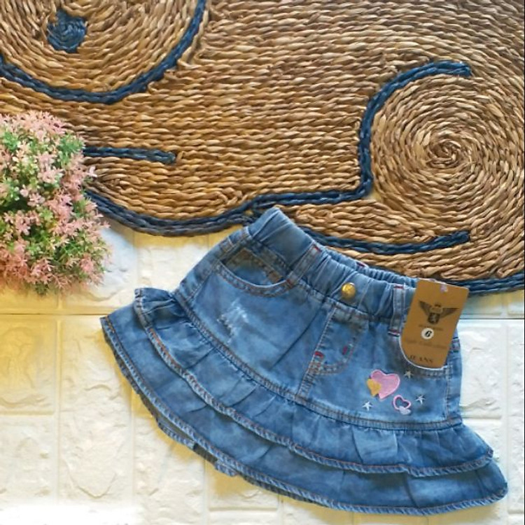 Chân váy jean 2 tầng thêu
