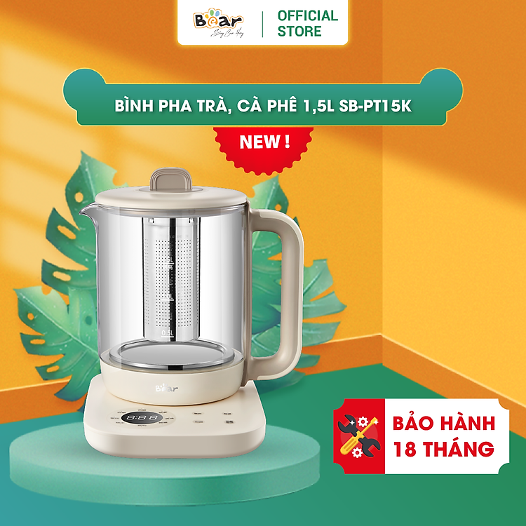 Bình Pha Trà BEAR 1,5L Ấm Thủy Tinh Đun Nước Giữ Nhiệt Hẹn Giờ Có Lưới Lọc Bảo Hành 18 Tháng - SB-PT15K 1000W