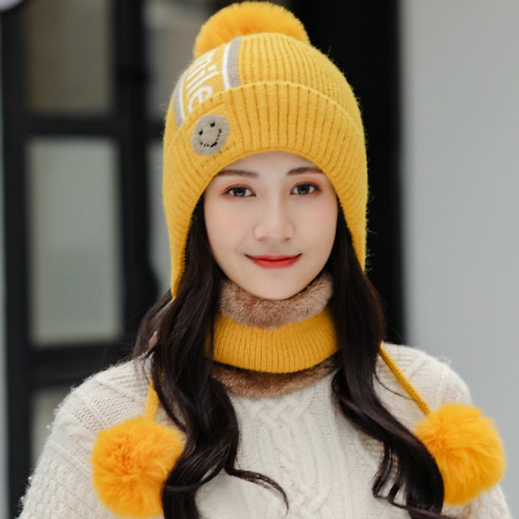 Nón len nữ kèm khăn phong cách Hàn, bộ khăn mũ len nữ thời trang mới