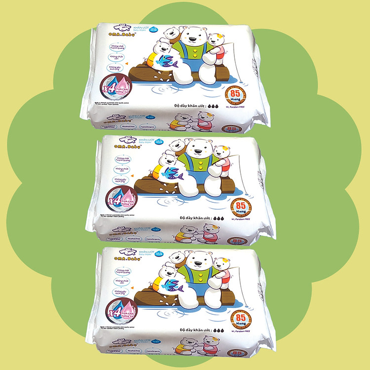 Combo 3 gói Khăn ướt làm sạch tinh khiết dành cho bé Oma&Baby với công thức Chlorhexidine Digluconate kháng khuẩn an toàn, dịu nhẹ trong khăn ( 3 gói 85 tờ ) - Combo 3 packages of Oma&Baby premium baby wet wipes ( 85 sheets per package)