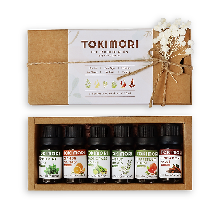 Hộp Quà Tặng Tinh Dầu TOKI MORI Cao Cấp, Xuất Khẩu Nhật Bản 6x10ml, Nguyên Chất Thiên Nhiên - Cam Ngọt, Bạc Hà, Sả Chanh, Vỏ Quế, Tràm Gió, Vỏ Bưởi
