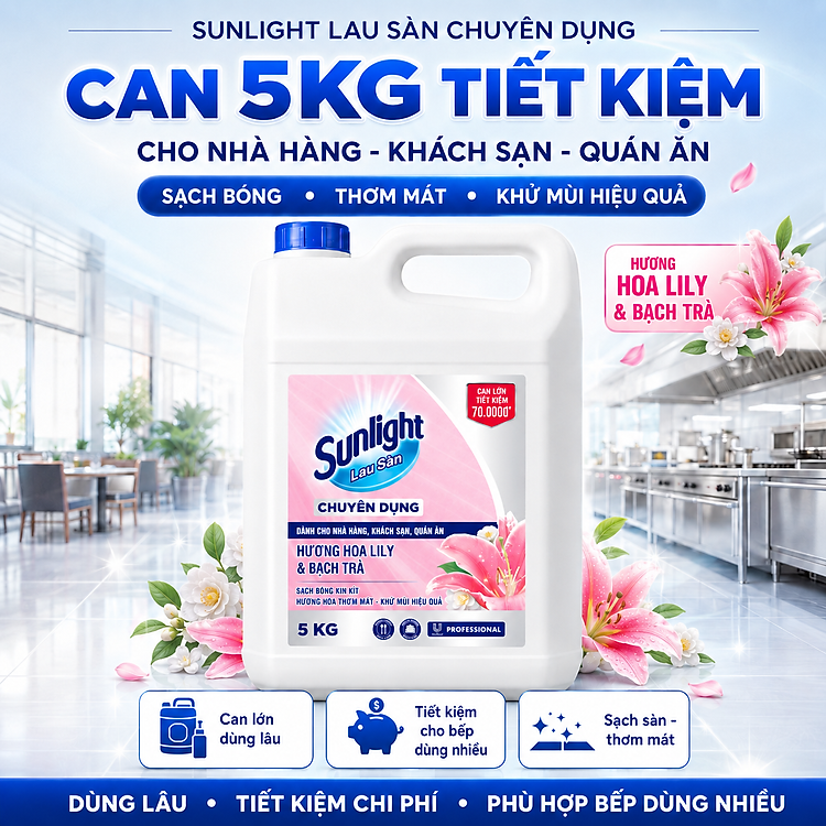 Thùng 2 Can Nước Lau Sàn Sunlight Chuyên Dụng Hoa Lily Bạch Trà, Thơm Mát Cho Nhà Hàng Khách Sạn Quán Ăn 5kg