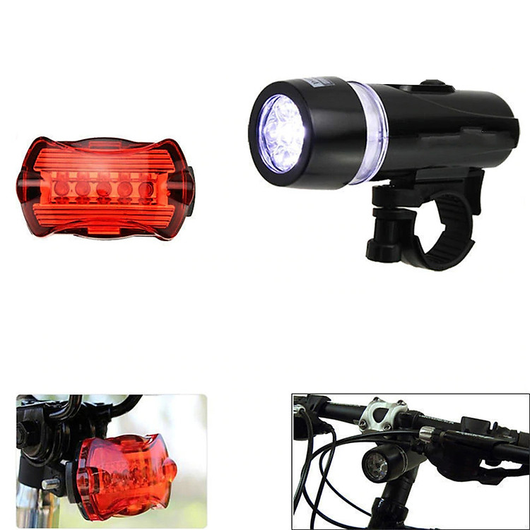 Combo đèn pha và đèn hậu cảnh báo giúp đạp xe an toàn trong đêm (Bóng 5 Led, nhiều chế độ sáng + Tặng kèm 6 viên pin AAA lắp sẵn) Mai Lee - Hàng chính hãng