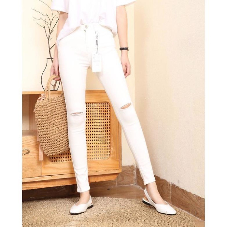 Quần jeans skinny trắng rách ngang gối, quần bò nữ dáng ôm ( từ 27kg -40kg )