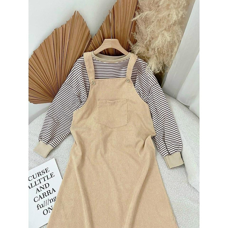 Set yếm nhung nâu kèm áo bí sọc tay dài kiểu đi đà lạt