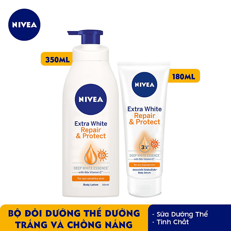 Bộ đôi Sữa Dưỡng Thể Dưỡng Trắng NIVEA Ban Ngày Giúp Phục Hồi & Chống Nắng SPF30 (350ml) - 88311 & Tinh Chất Dưỡng Thể Dưỡng Trắng NIVEA Ban Ngày Giúp Phục Hồi & Chống Nắng SPF50 (180ml) - 88314
